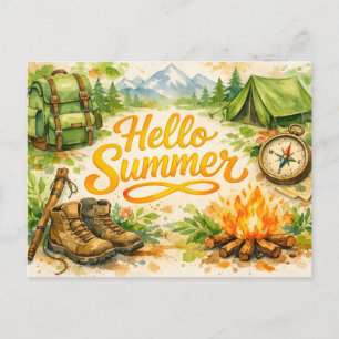 Cartão Postal Olá Verão Aquarela Camping e Hiking 
