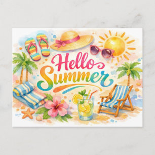 Cartão Postal Olá Verão Aquarela Praia Tropical 