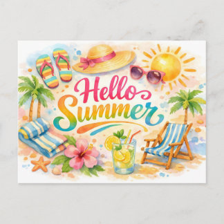 Cartão Postal Olá Verão Aquarela Praia Tropical
