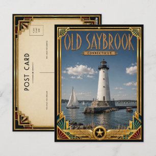 Cartão Postal Old Saybrook Connecticut Arte Deco Dourado Vintage