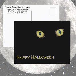 Cartão Postal Olhos de Gato Amarelo Feliz Dia das Bruxas Fotográ