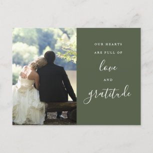 Cartão Postal Olive Green Script Foto Casamento Agradecimento