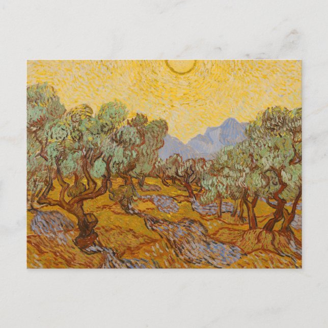 Cartão Postal Oliveiras de Van Gogh Sol Amarelo Céu (Frente)