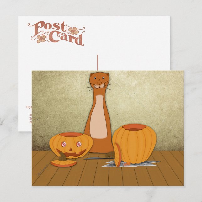 Cartão Postal Oliver The Otter Carves a Pumpkin (Frente/Verso)