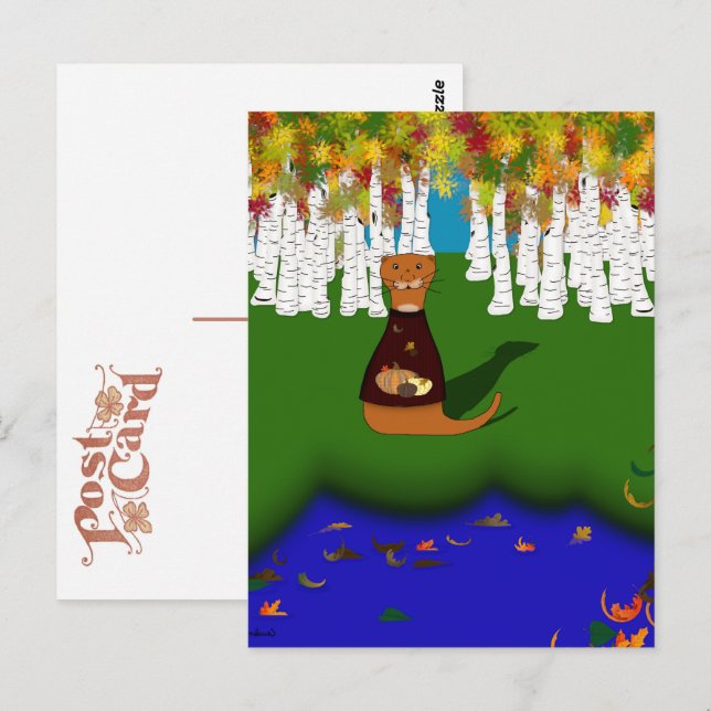 Cartão Postal Oliver The Otter no Lago do Rio Wolf no outono (Frente/Verso)