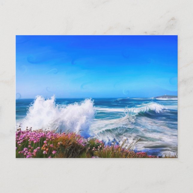 Cartão Postal Onda impressionista espetacular com flores rosa (Frente)