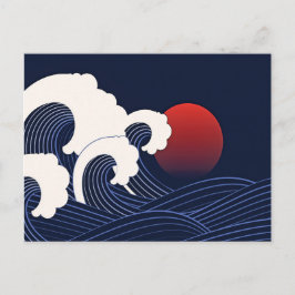 Cartão Postal Onda marinho azul japonesa com desenho de lua verm