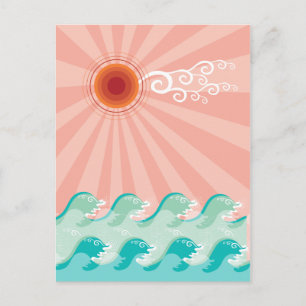 Cartão Postal Ondas de Água Tropical Rosa Sol Verão Praia Oceano