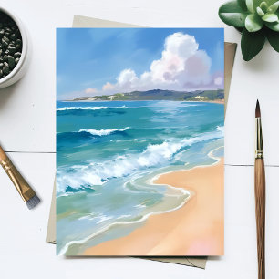 Cartão Postal Ondas de Aquarela do Oceano Pintura Costeira Mar A