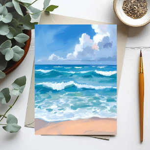 Cartão Postal Ondas do Oceano Azul   Aquarela do Mar da Praia 