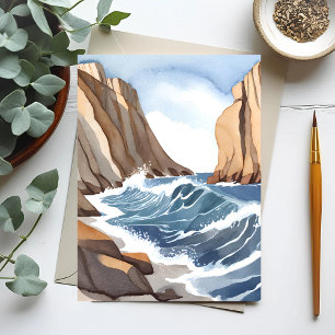 Cartão Postal Ondas do Oceano Batendo Aquarela de Praia Costei