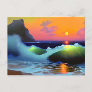 Cartão Postal Ondas Dramáticas do Oceano e Pôr do Sol