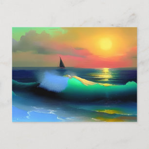 Cartão Postal Ondas Dramáticas do Oceano e Reflexo do Pôr do Sol