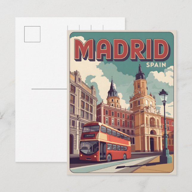 Cartão Postal ônibus Madrid Espanha lembranças de viagem vintage (Frente/Verso)