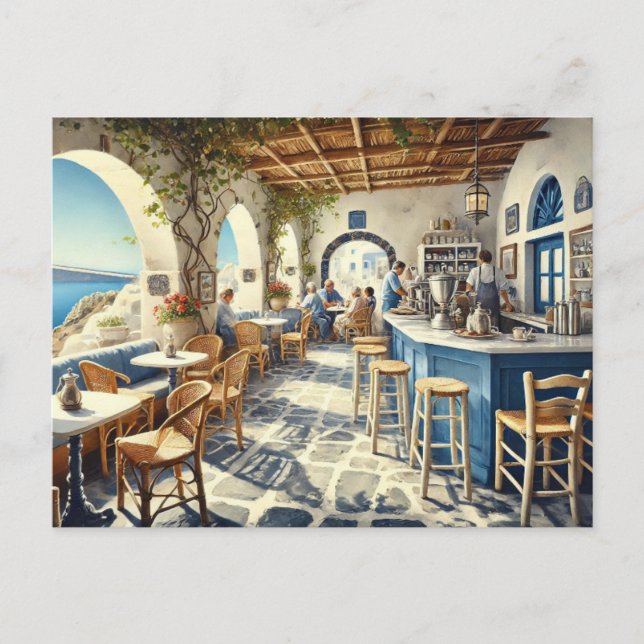 Cartão Postal Open Air Coffeeshop em Santorini (Frente)