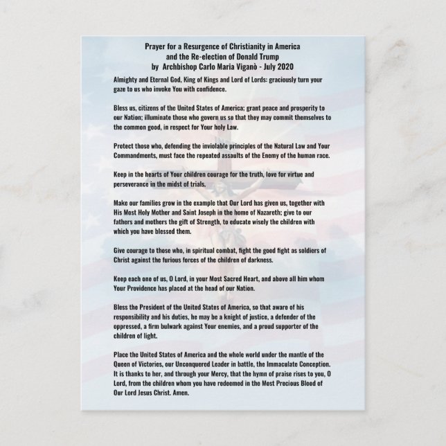 Cartão Postal Oração ao Presidente Trump e aos EUA - Vigano (Frente)