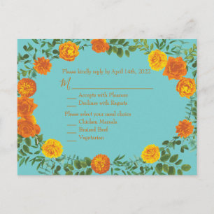 Cartão Postal Orange & Aqua Wedding Modern Floral