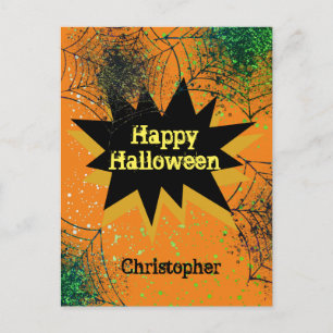 Cartão Postal Orange Black Spiderweb Happy Halloween
