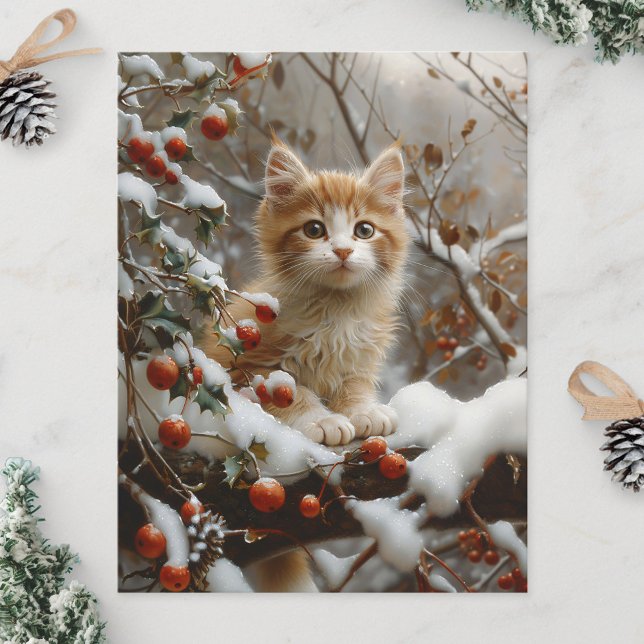 Cartão Postal Orange Cat Winter Berries Vintage (Criador carregado)