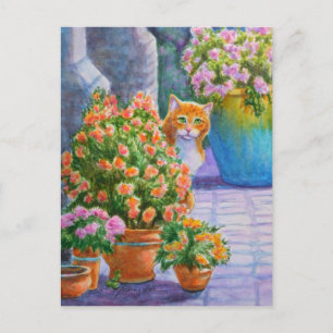 Cartão Postal Orange Cat with Flower Pots