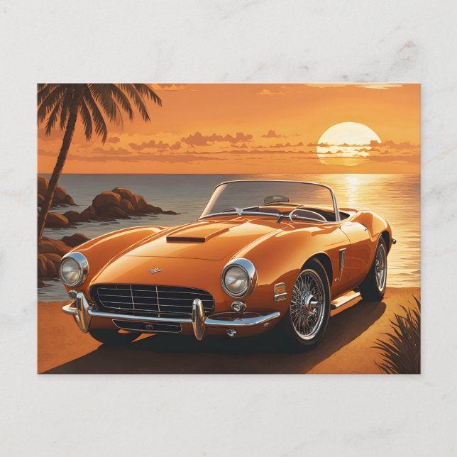 Cartão Postal Orange Sportscar Sunset Tropical Beach (Frente)