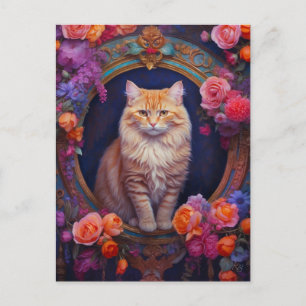 Cartão Postal Orange Tabby com Bela Joia e Flores