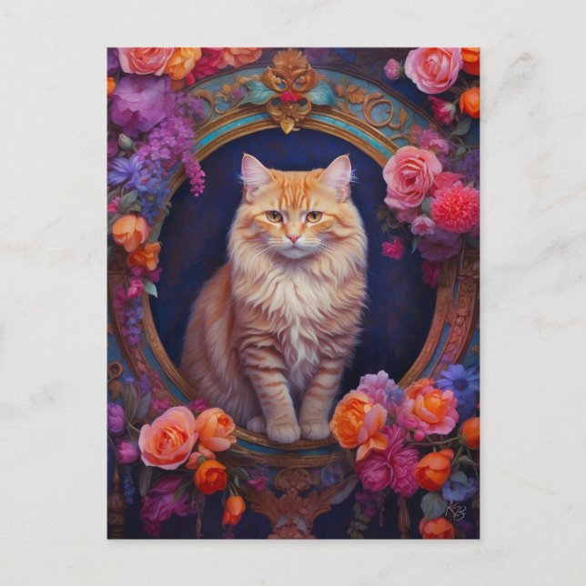 Cartão Postal Orange Tabby com Bela Joia e Flores (Frente)