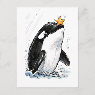 Cartão Postal Orca Equilibrando Estrela-do-Mar Jocosamente Ilust