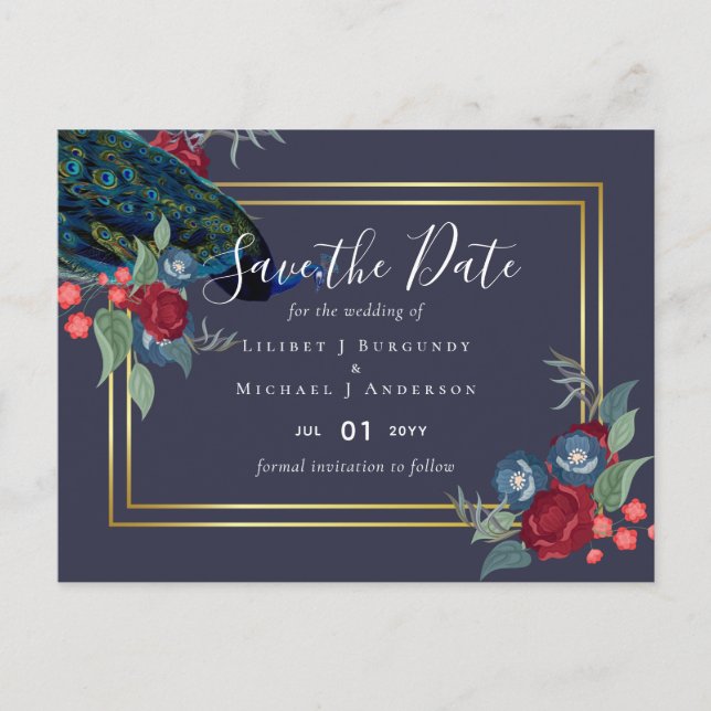 Cartão Postal ORÇAMENTO  Casamento de Outono e Inverno Azul Pavã (Frente)