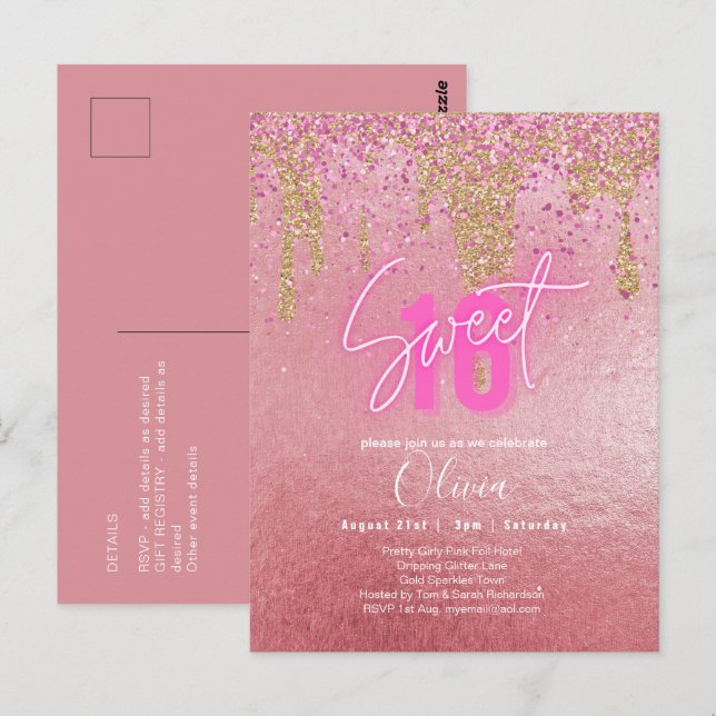 Cartão Postal Orçamento Doce 16 Foil Rosa Brilhante Girly Modern (Frente/Verso)