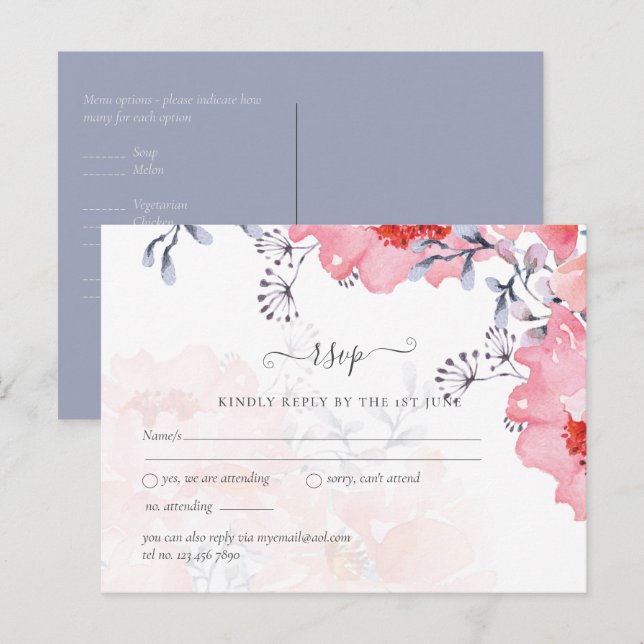 Cartão Postal Orçamento Rubor Rosa Floral Azul Desbotado Casamen (Frente/Verso)