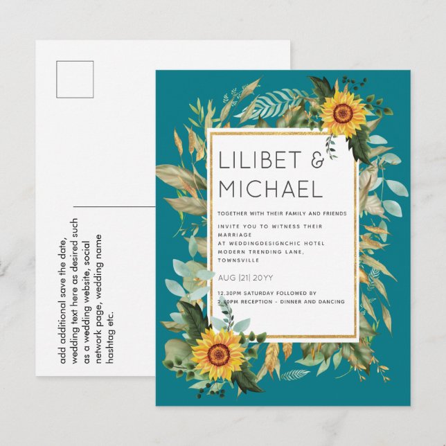 Cartão Postal Orçamento Rústicos Girassóis BOHO Casamento Verde  (Frente/Verso)