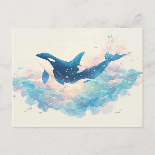 Cartão Postal Orcas Splash de Aquarela Etérea (Frente)