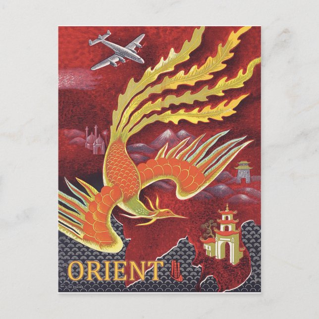 Cartão Postal Orient, pássaro voador sobre o templo (Frente)