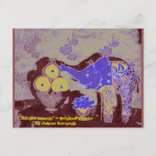 Cartão Postal Orig. Foto--Elefante e maçãs no azul & no ouro