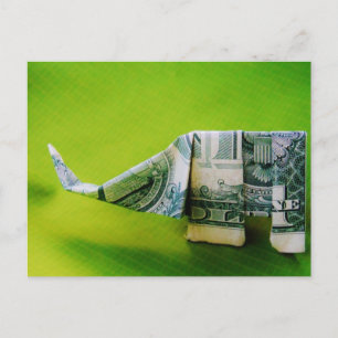 Cartão Postal Origami de lei de dólar Elefante em fundo verde