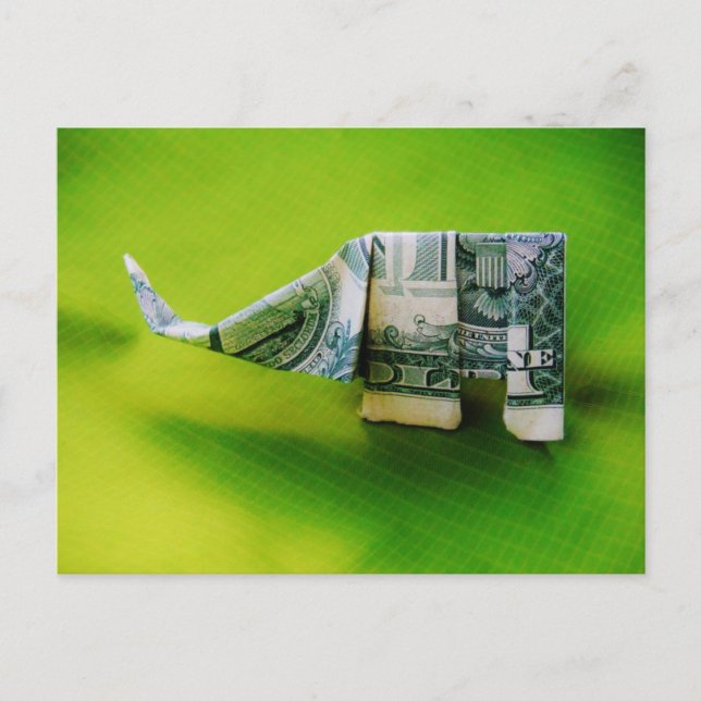 Cartão Postal Origami de lei de dólar Elefante em fundo verde (Frente)