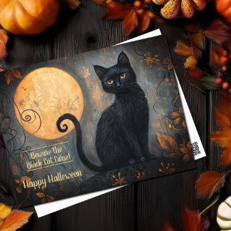 Cartão Postal Ornamentado de Lua Completa de Gato Negro Hallowee