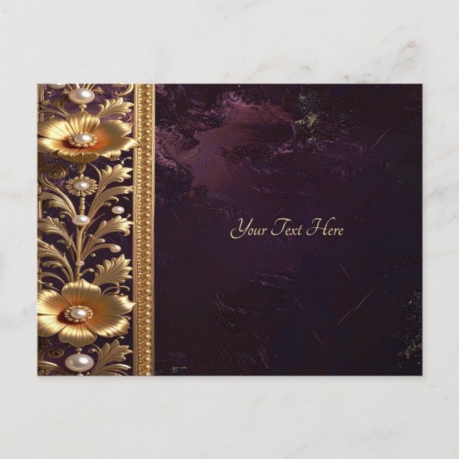 Cartão postal ornamento floral dourado com pérolas (Frente)