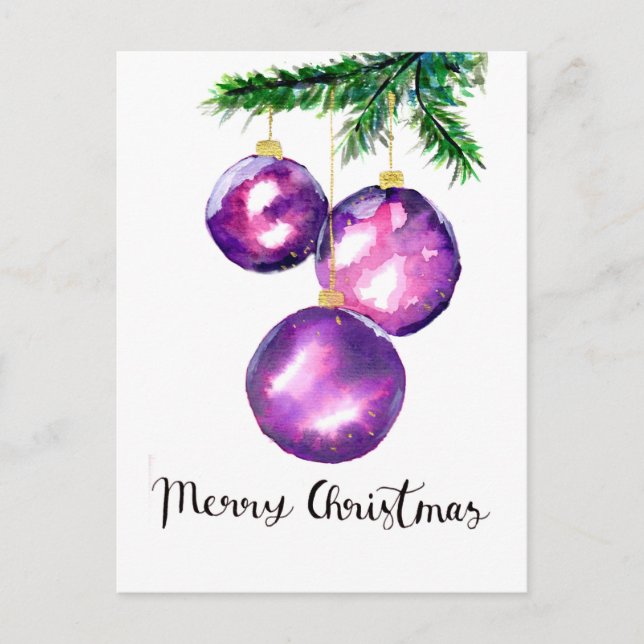 Cartão Postal Ornamentos de Árvore de Natal Roxo (Frente)