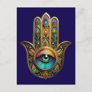 Cartão Postal Ornate Dourado Colorido Hamsa Verde no Terceiro Ol