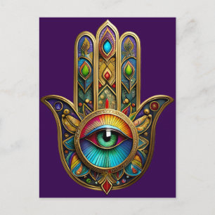 Cartão Postal Ornate Dourado Colorido Hamsa Verde no Terceiro Ol