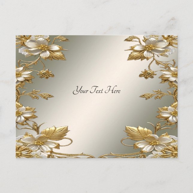 Cartão Postal Ornate Dourado Floral Branco (Frente)