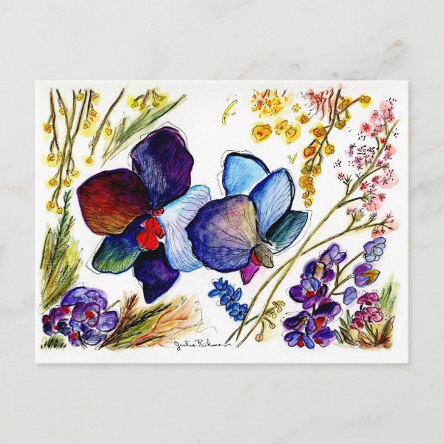 Cartão Postal Orquídea Azul Incrível e Folhas (Frente)