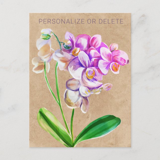 Cartão Postal Orquídea Rosa Púrpura, Aquarela Floral Personaliza (Frente)