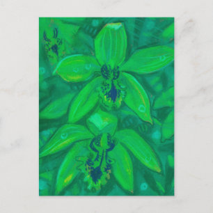 Cartão Postal Orquídea Verde, Pintagem Floral de Flores Tropicai