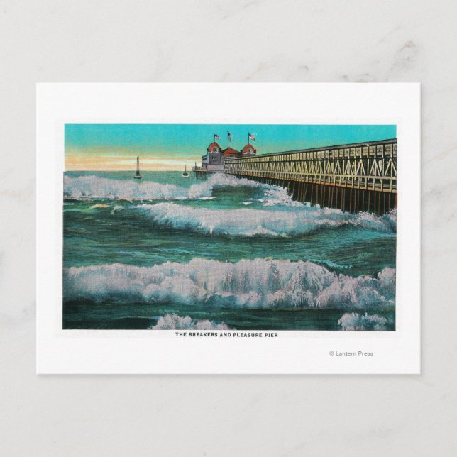 Cartão Postal Os Breakers e o Prazer PierLong Beach, CA (Frente)