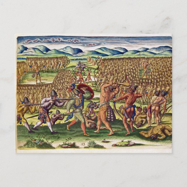 Cartão Postal Os franceses ajudam os índios na batalha (Frente)