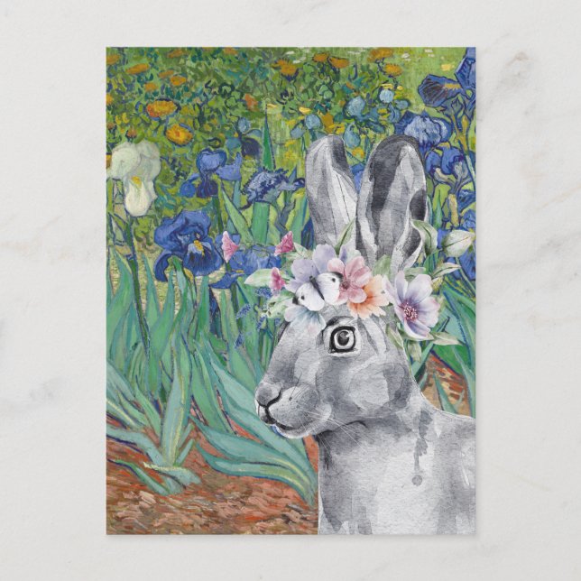 Cartão Postal Os Íris de Van Gogh e Coelho Chique (Frente)