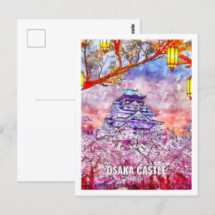 Cartão Postal Osaka Castle Japan Famoso Viagem Place Watercolor